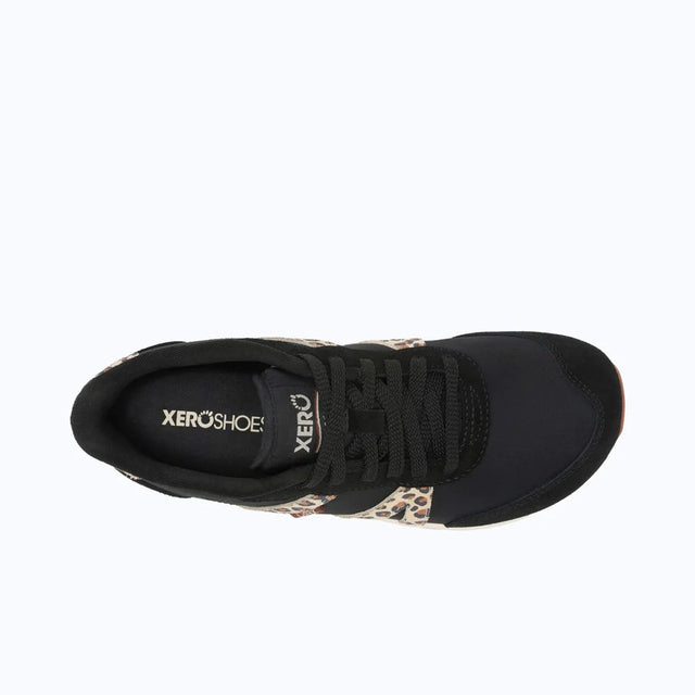 Top view of women's black/leopard print Xero Shoes Wynn sneaker