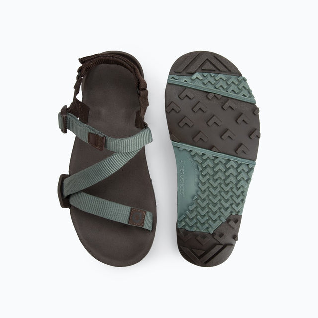 Top & sole view of men's brown/green Xero Shoes Z-Trail EV minimalist sandals