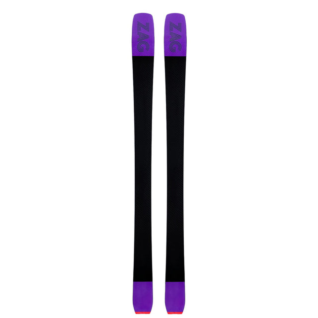 Bottoms view of a pair of purple ZAG UBAC 102 touring skis