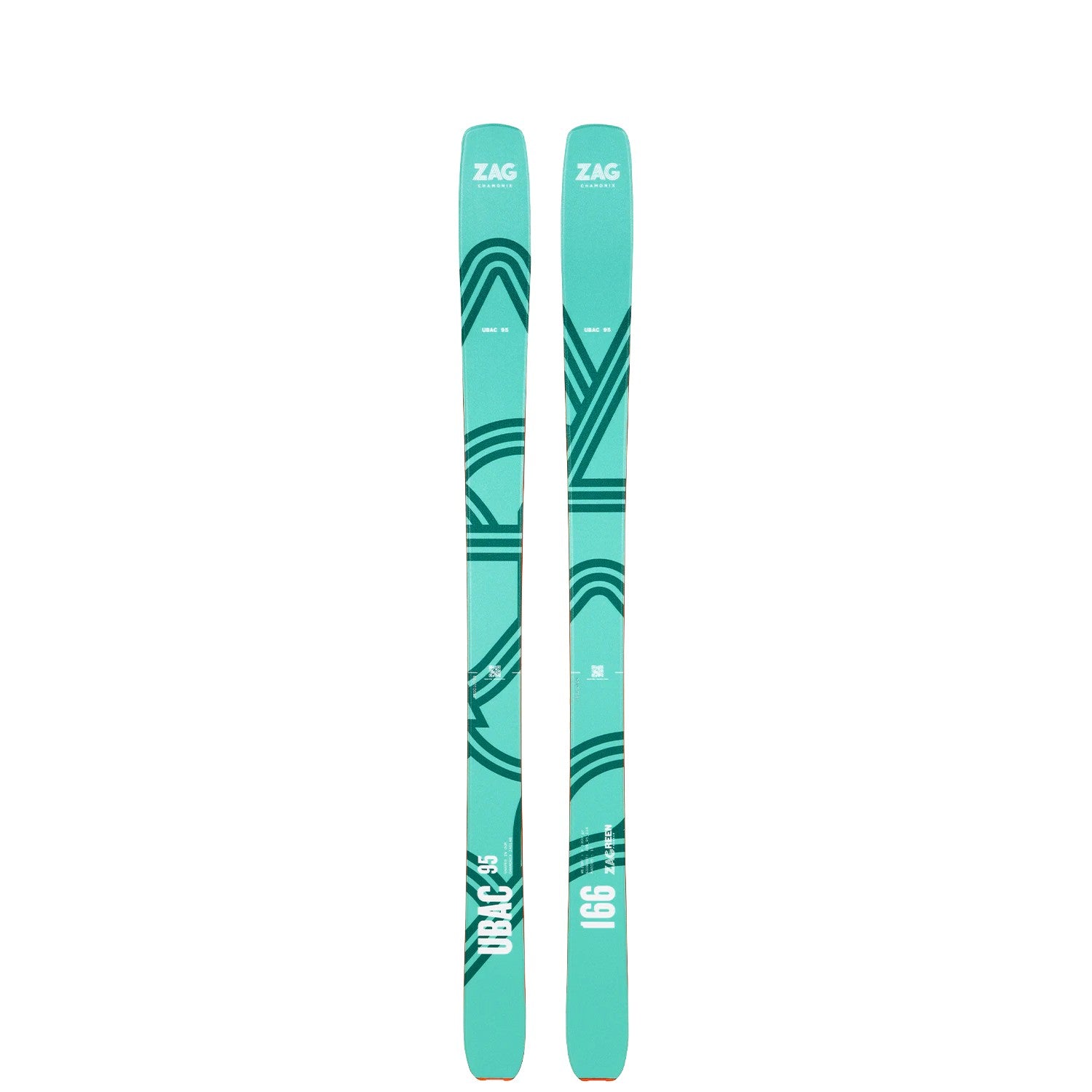 Top view of a pair of turquoise ZAG UBAC 95 skis