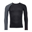 Front view of men's Ortovox 120 Comp Light long sleeve shirt in 'black raven' colour