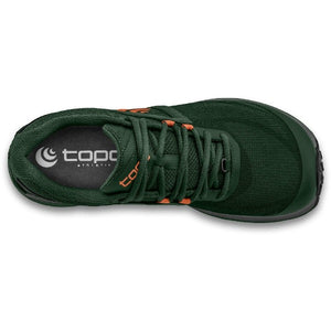 Top view of men's Topo Athletic Terraventure 4 running shoe in green/orange