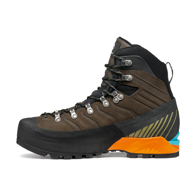 Inner side view of men's scarpa ribelle hd mountaineering boot in cocoa/moss colour