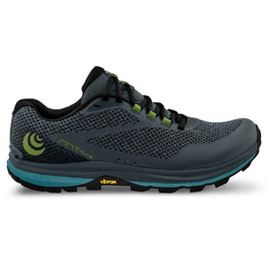 Side view of men's topo athletic mt-4 trail running shoe in grey/blue 