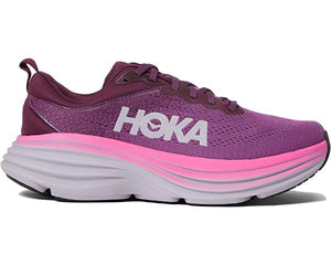 Side view of women's Hoka Bondi 8 running shoe in Beautyberry/Grape Wine