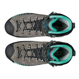 Top view of women's scarpa ribelle hd mountaineering boots in titanium aqua colour