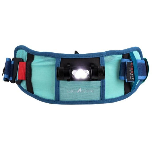 Front view of the UltrAspire Lumen Ally waist belt attachment in lagoon navy