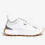 Side view of women's norda 001 trail running shoe in white/gum rubber