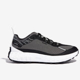 Side view of men's norda 001 running shoe in black/black rubber