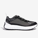 Side view of women's norda 001 trail running shoe in black/black rubber