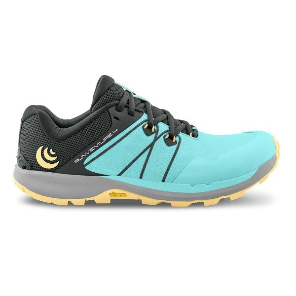 Side view of women's topo athletic runventure 4 trail running shoe in sky/butter colour