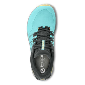 Top view of women's topo athletic runventure 4 trail running shoe in sky/butter colour